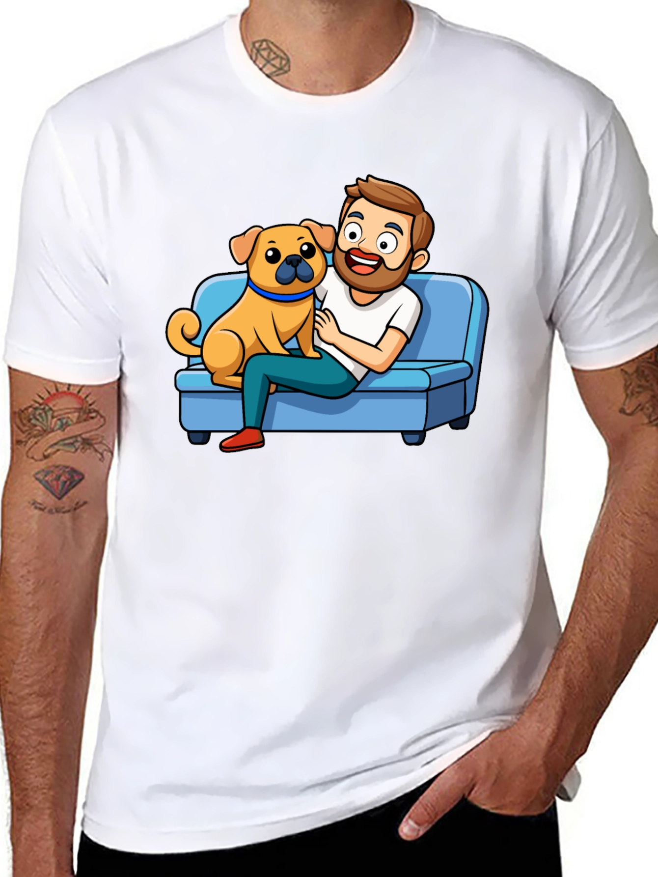 Mans Black T-Shirt: Cartoon Man & Dog Graphic