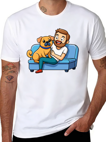 Mans Black T-Shirt: Cartoon Man & Dog Graphic