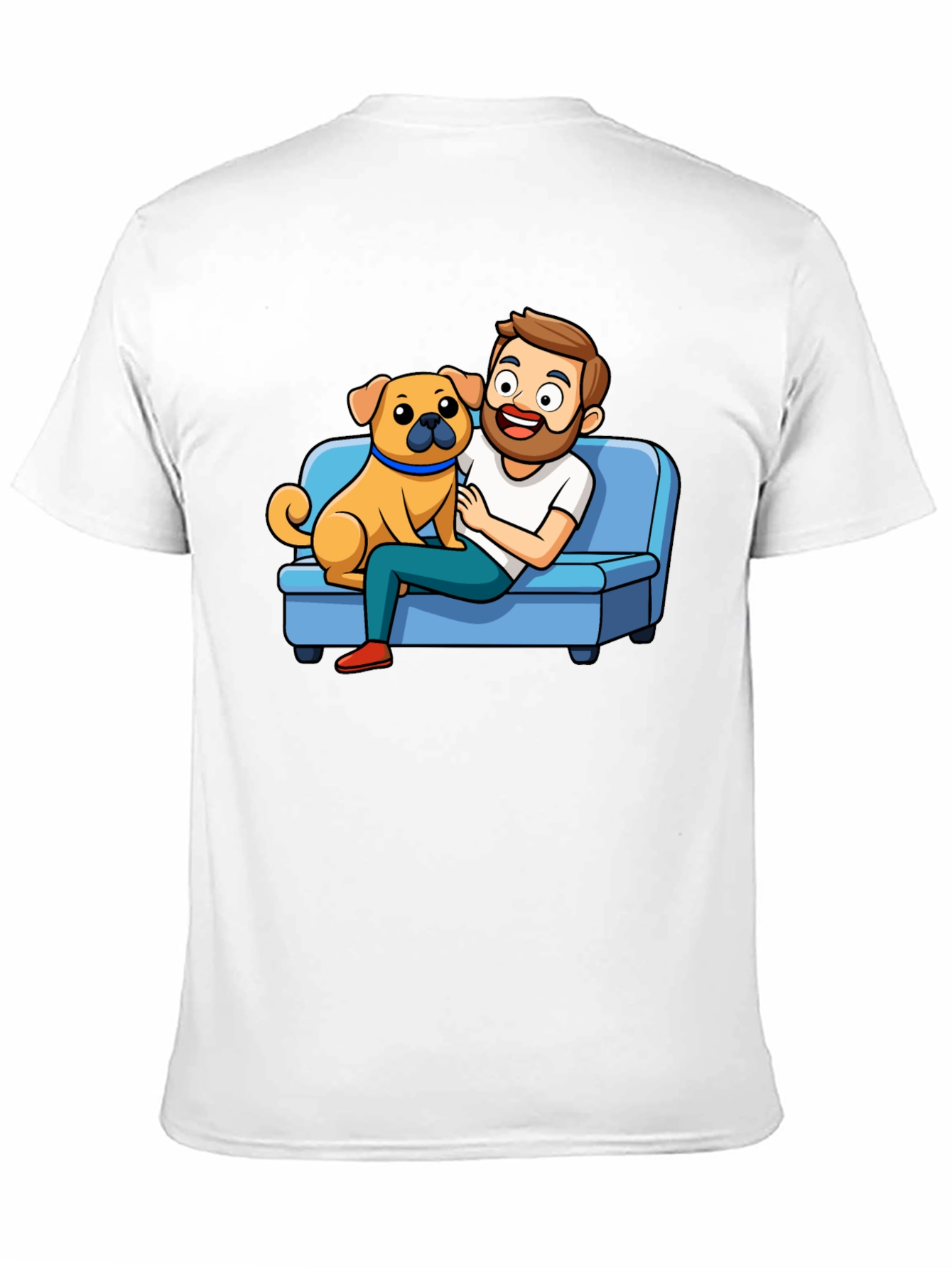 Mans Black T-Shirt: Cartoon Man & Dog Graphic