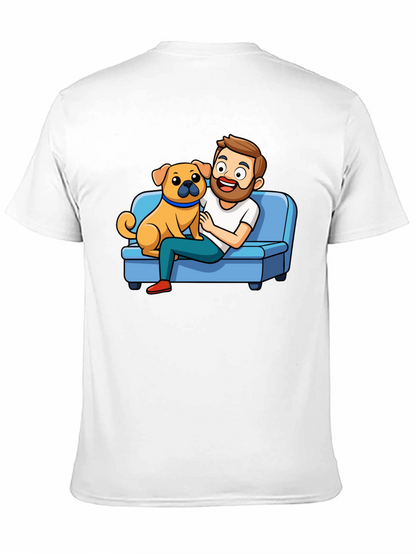 Mans Black T-Shirt: Cartoon Man & Dog Graphic
