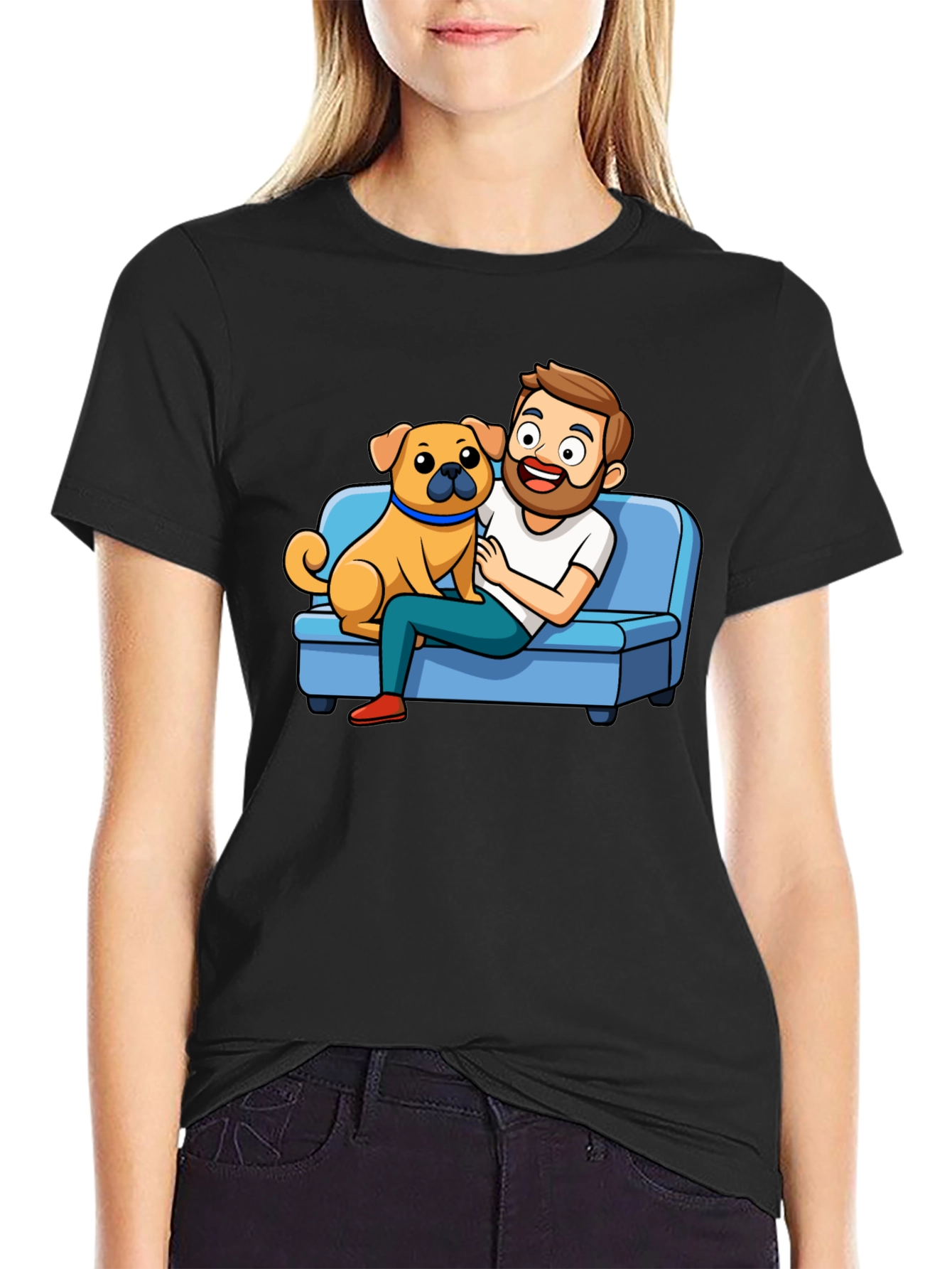Mans Black T-Shirt: Cartoon Man & Dog Graphic