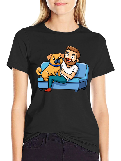 Mans Black T-Shirt: Cartoon Man & Dog Graphic