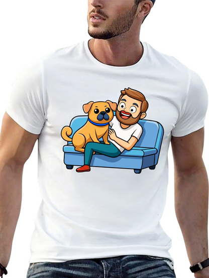 Mans Black T-Shirt: Cartoon Man & Dog Graphic