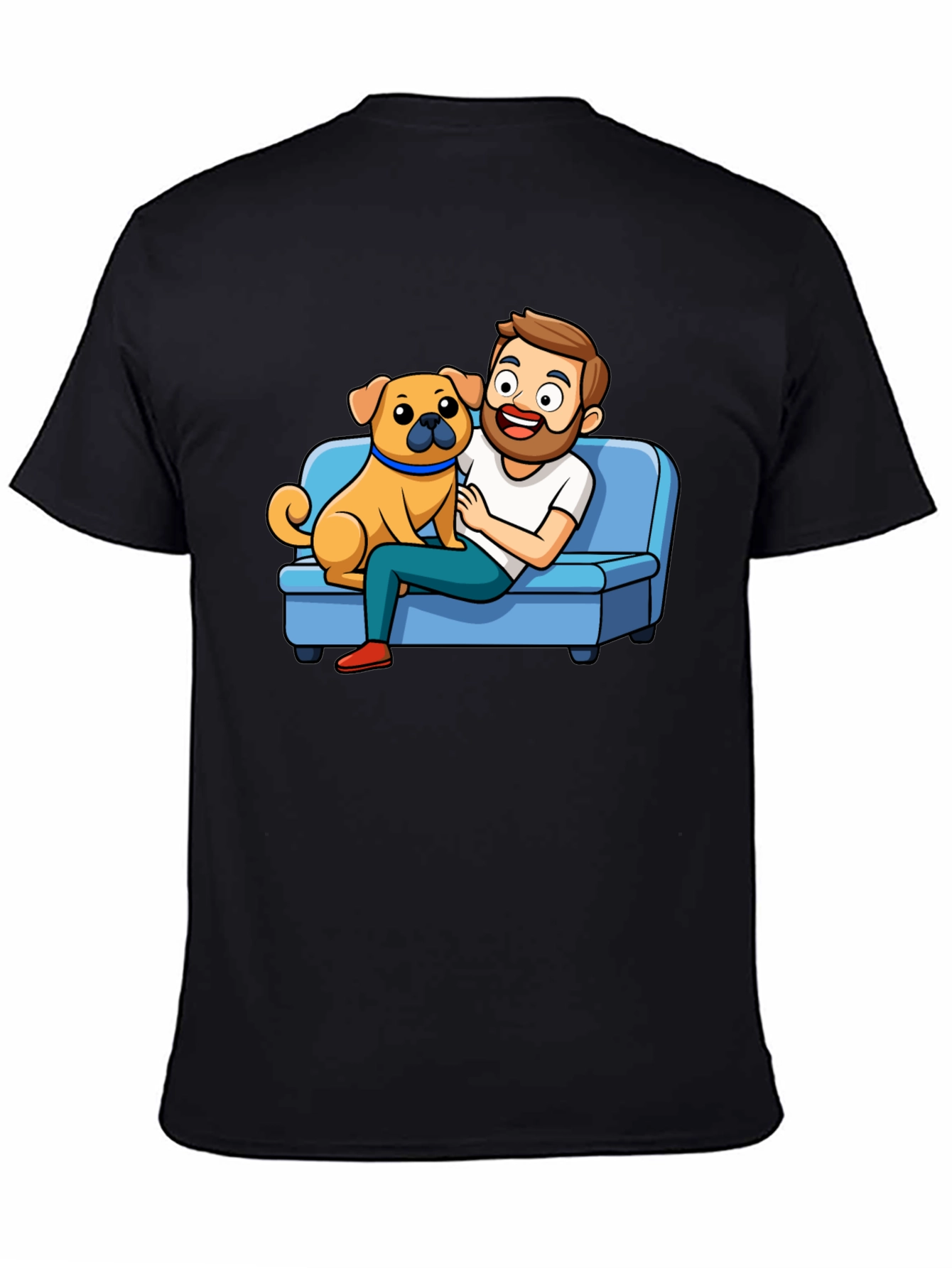 Mans Black T-Shirt: Cartoon Man & Dog Graphic