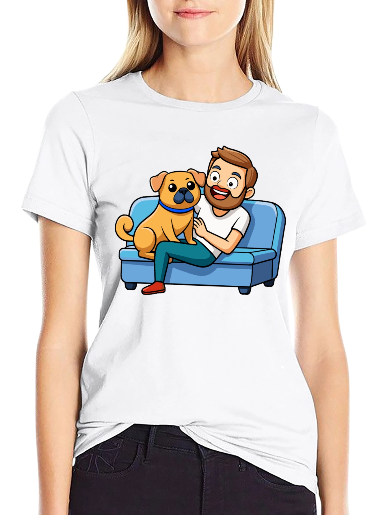 Mans Black T-Shirt: Cartoon Man & Dog Graphic