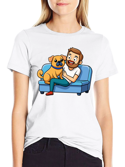 Mans Black T-Shirt: Cartoon Man & Dog Graphic