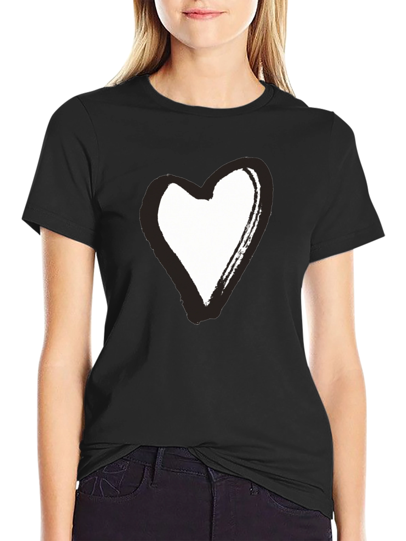 Black T-Shirt with Brushstroke Heart Graphic