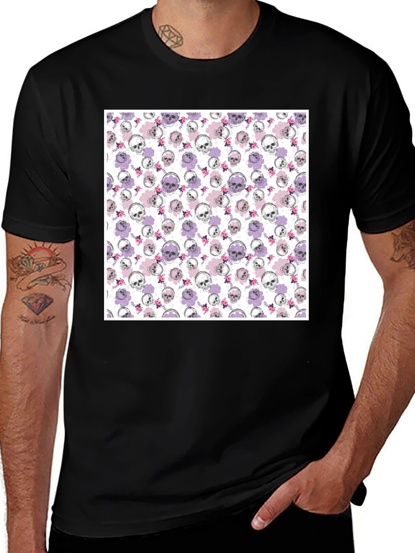 Skull & Floral Print Mens Black T-Shirt