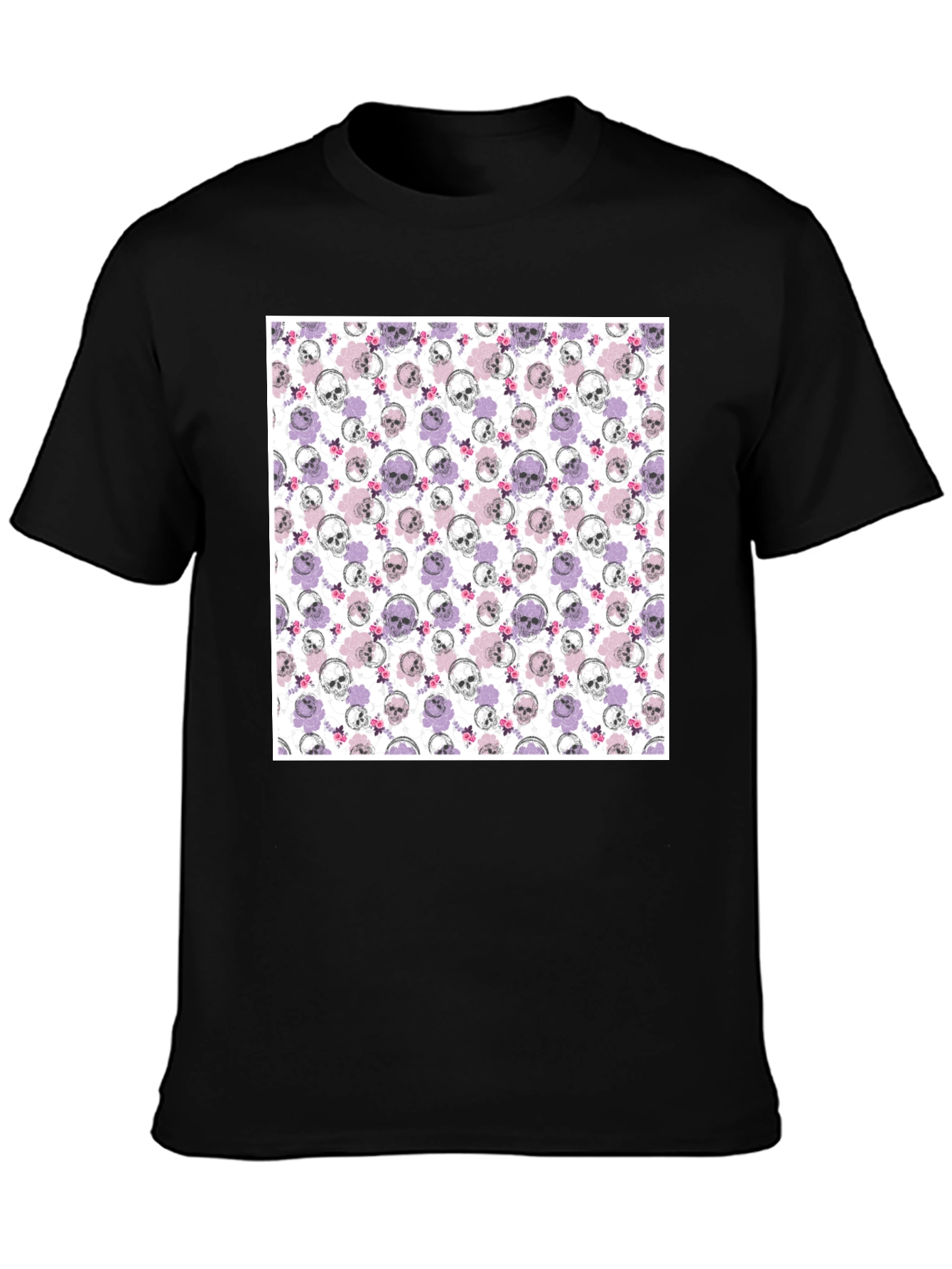 Skull & Floral Print Mens Black T-Shirt