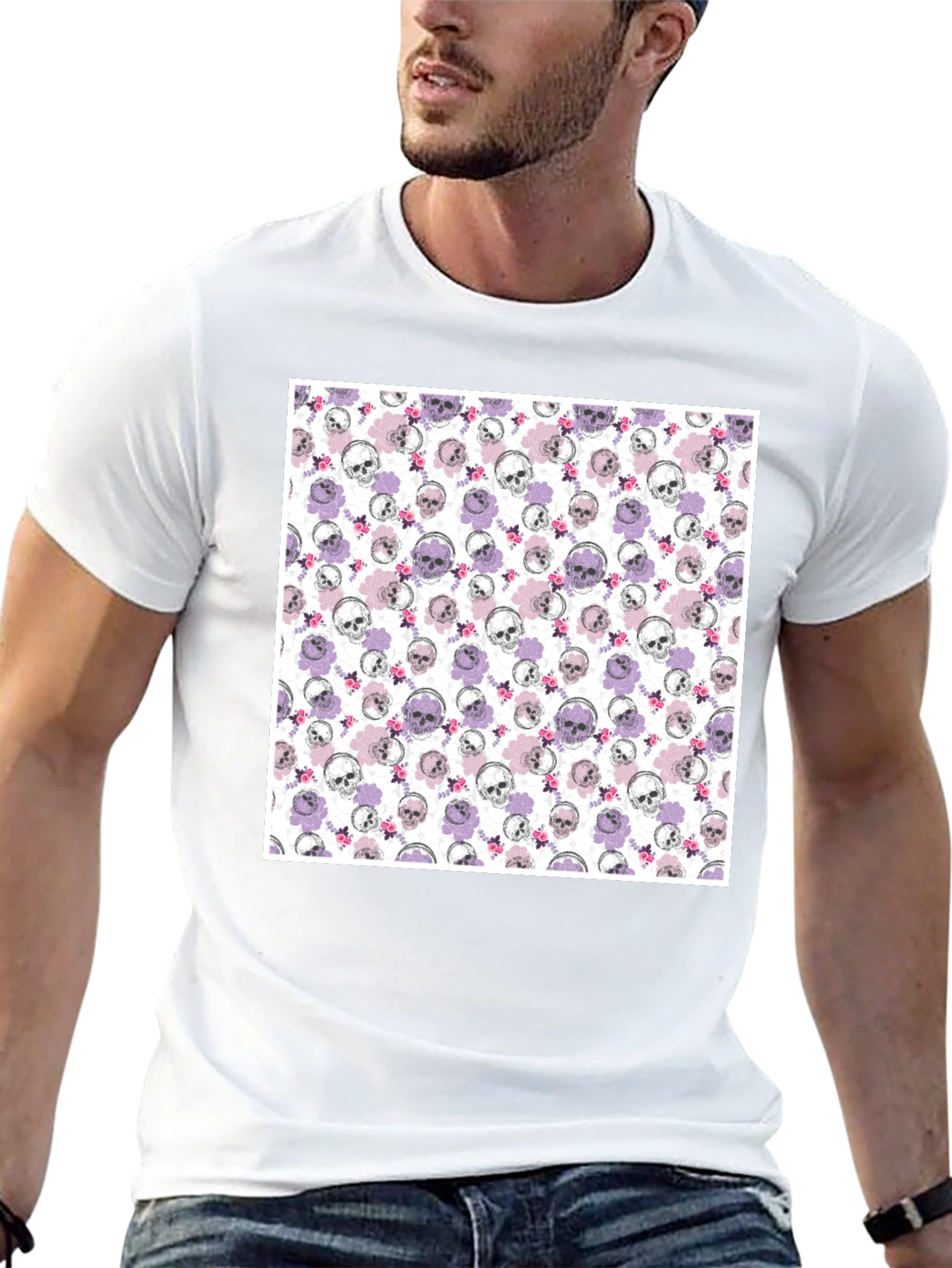 Skull & Floral Print Mens Black T-Shirt