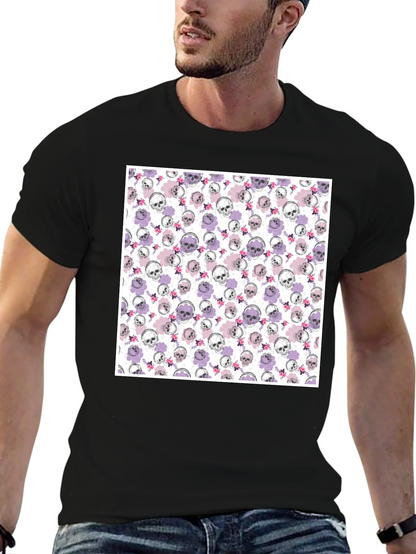 Skull & Floral Print Mens Black T-Shirt
