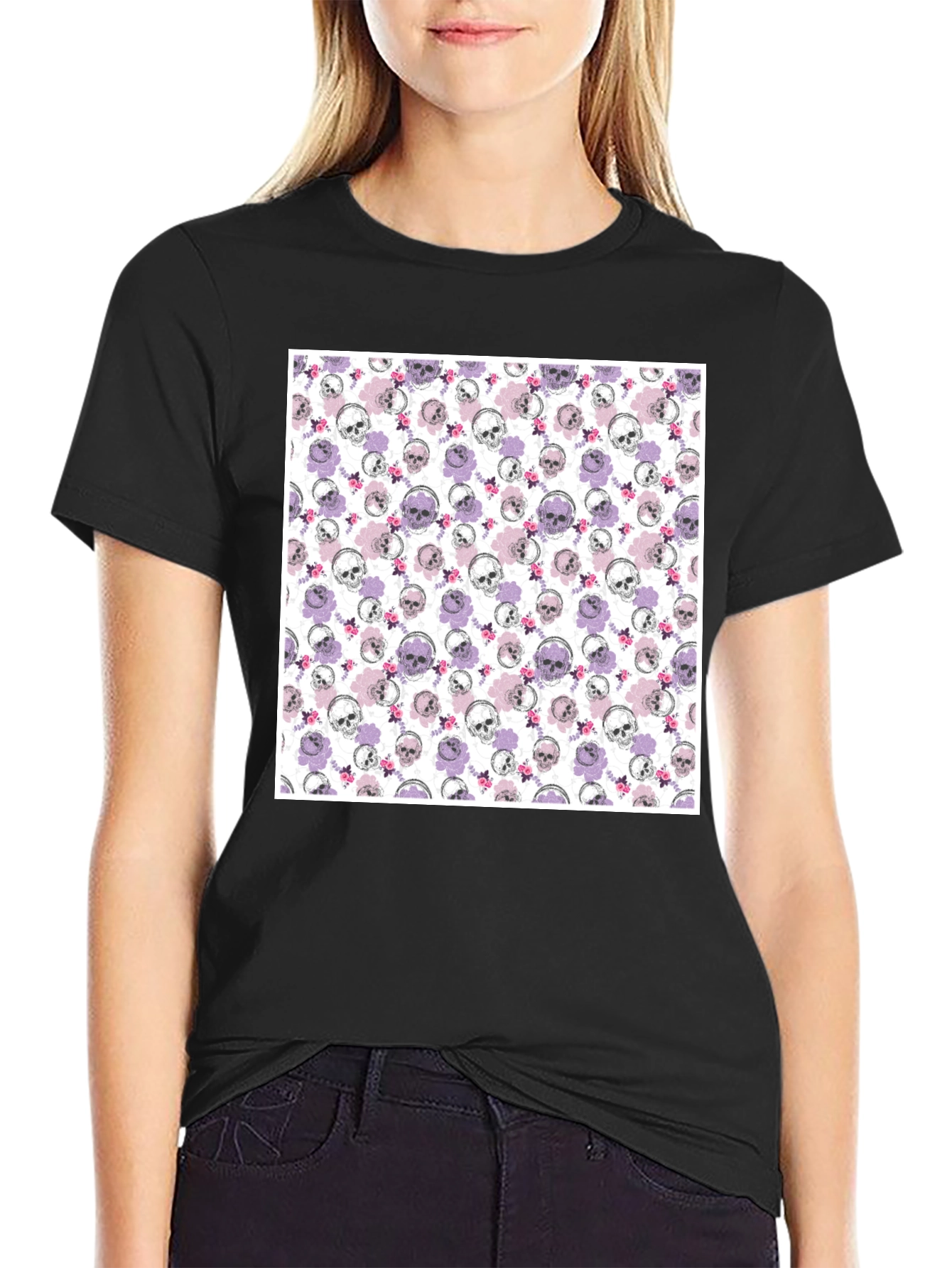 Skull & Floral Print Mens Black T-Shirt