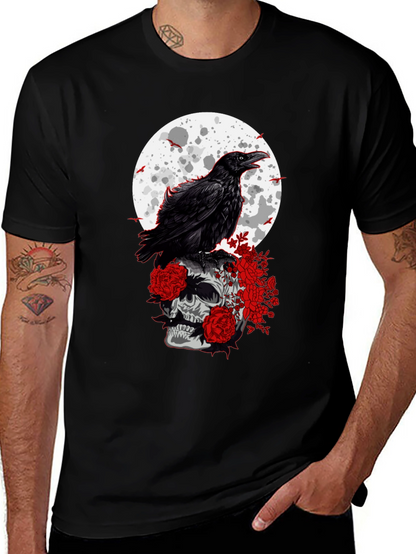 Raven Skull Moon Graphic Tee - Gothic Style
