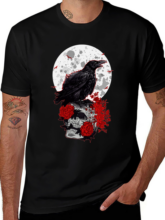 Raven Skull Moon Graphic Tee - Gothic Style
