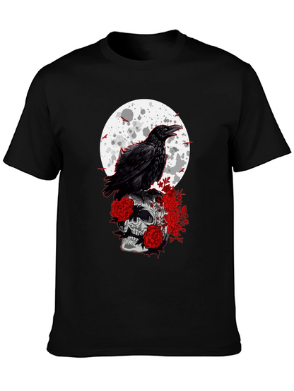 Raven Skull Moon Graphic Tee - Gothic Style