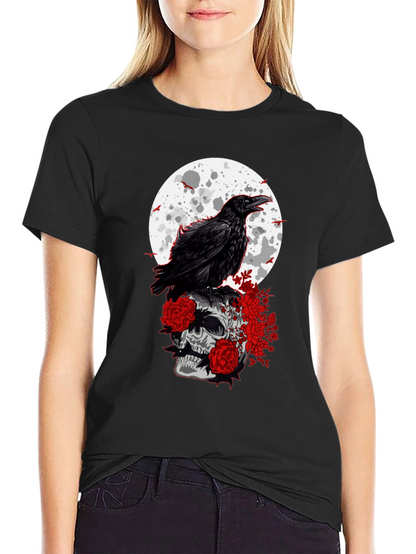Raven Skull Moon Graphic Tee - Gothic Style