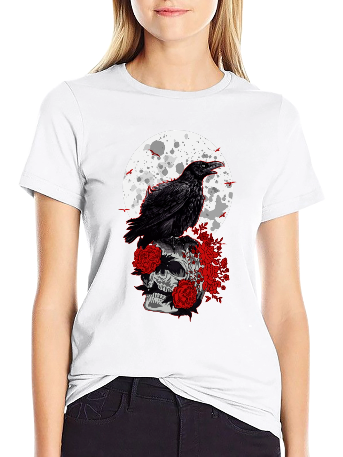 Raven Skull Moon Graphic Tee - Gothic Style