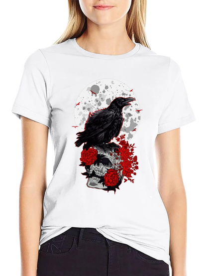 Raven Skull Moon Graphic Tee - Gothic Style