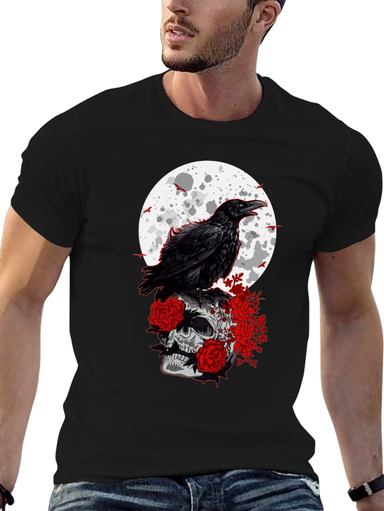 Raven Skull Moon Graphic Tee - Gothic Style