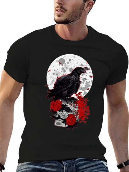 Raven Skull Moon Graphic Tee - Gothic Style