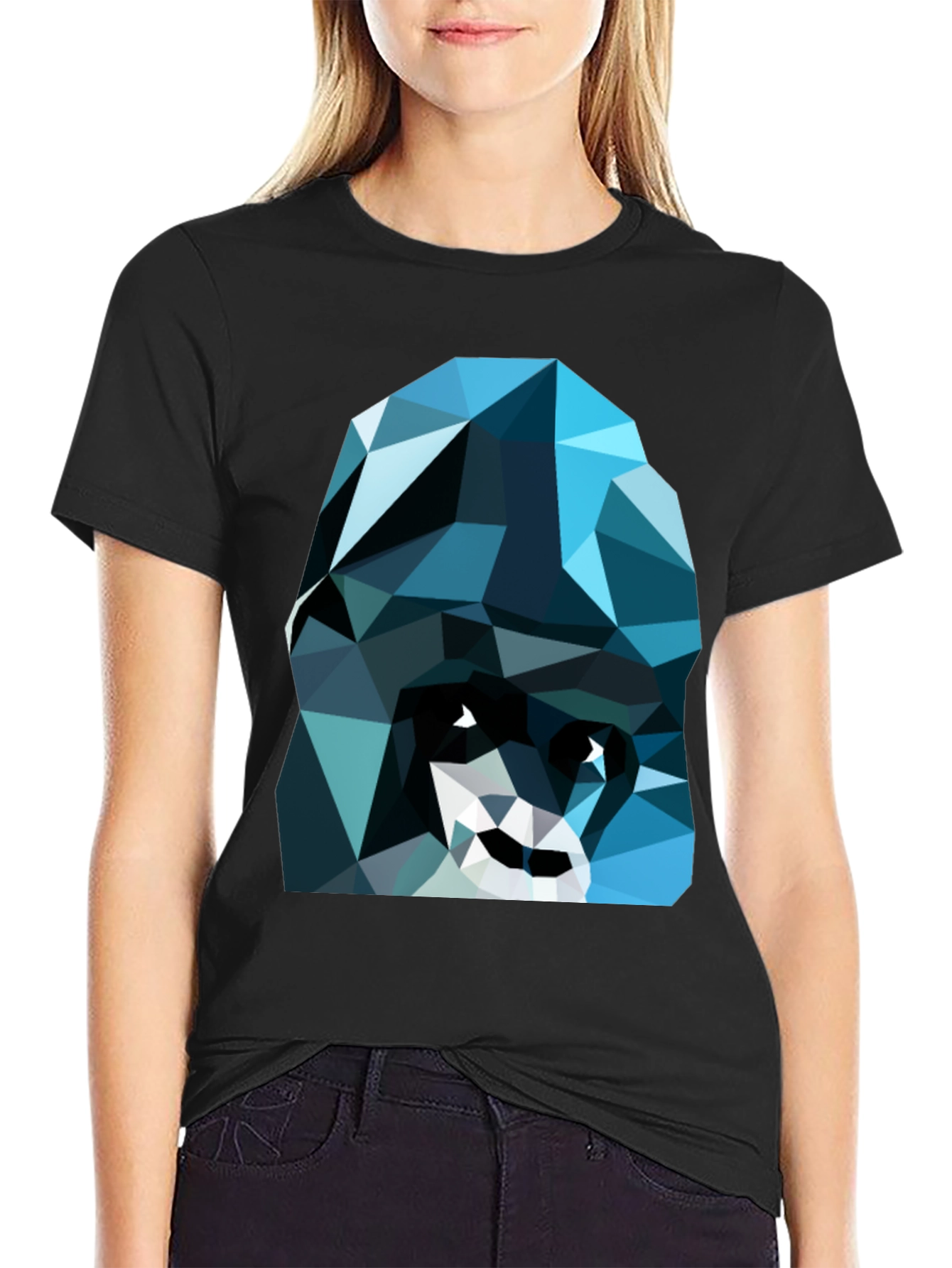 Geometric Blue Gorilla Graphic Black T-Shirt