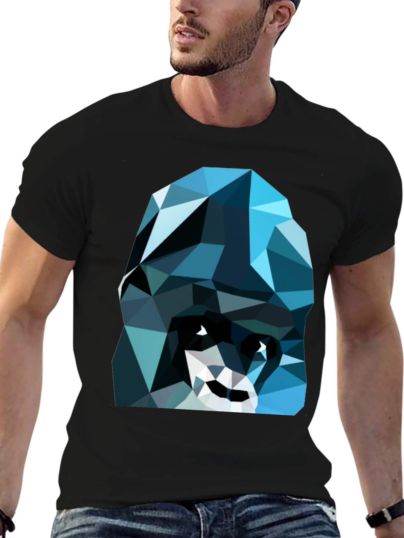Geometric Blue Gorilla Graphic Black T-Shirt