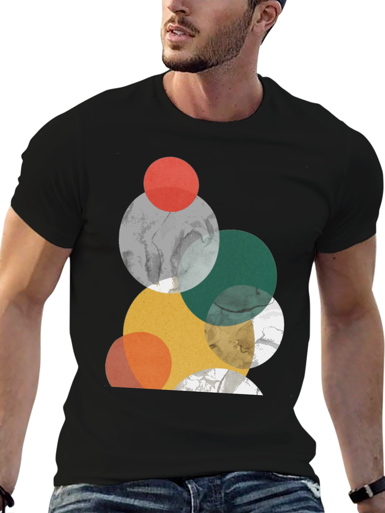 Modern Geometric Circle Design Black T-Shirt