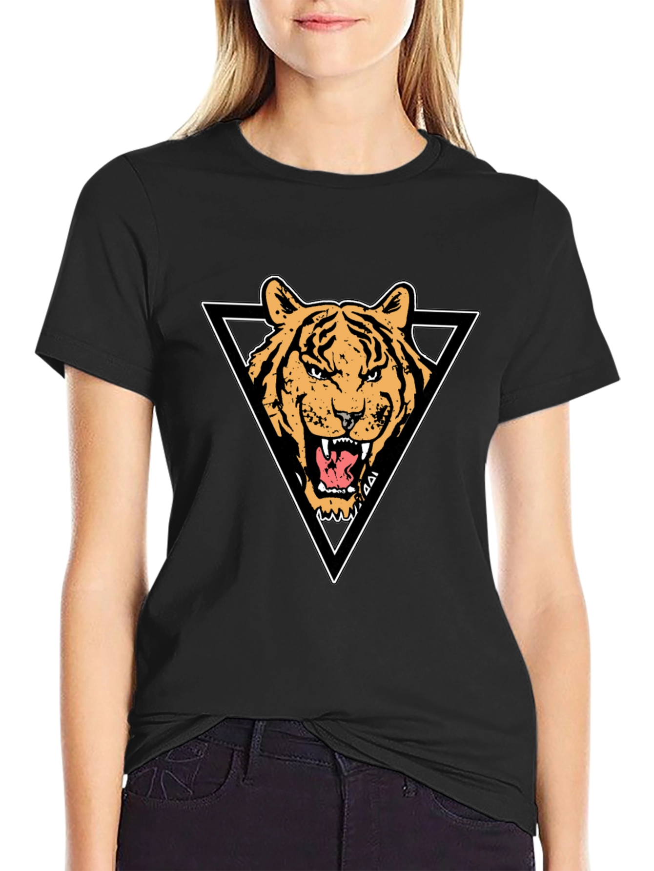 Tiger Triangle Graphic Print Black T-Shirt
