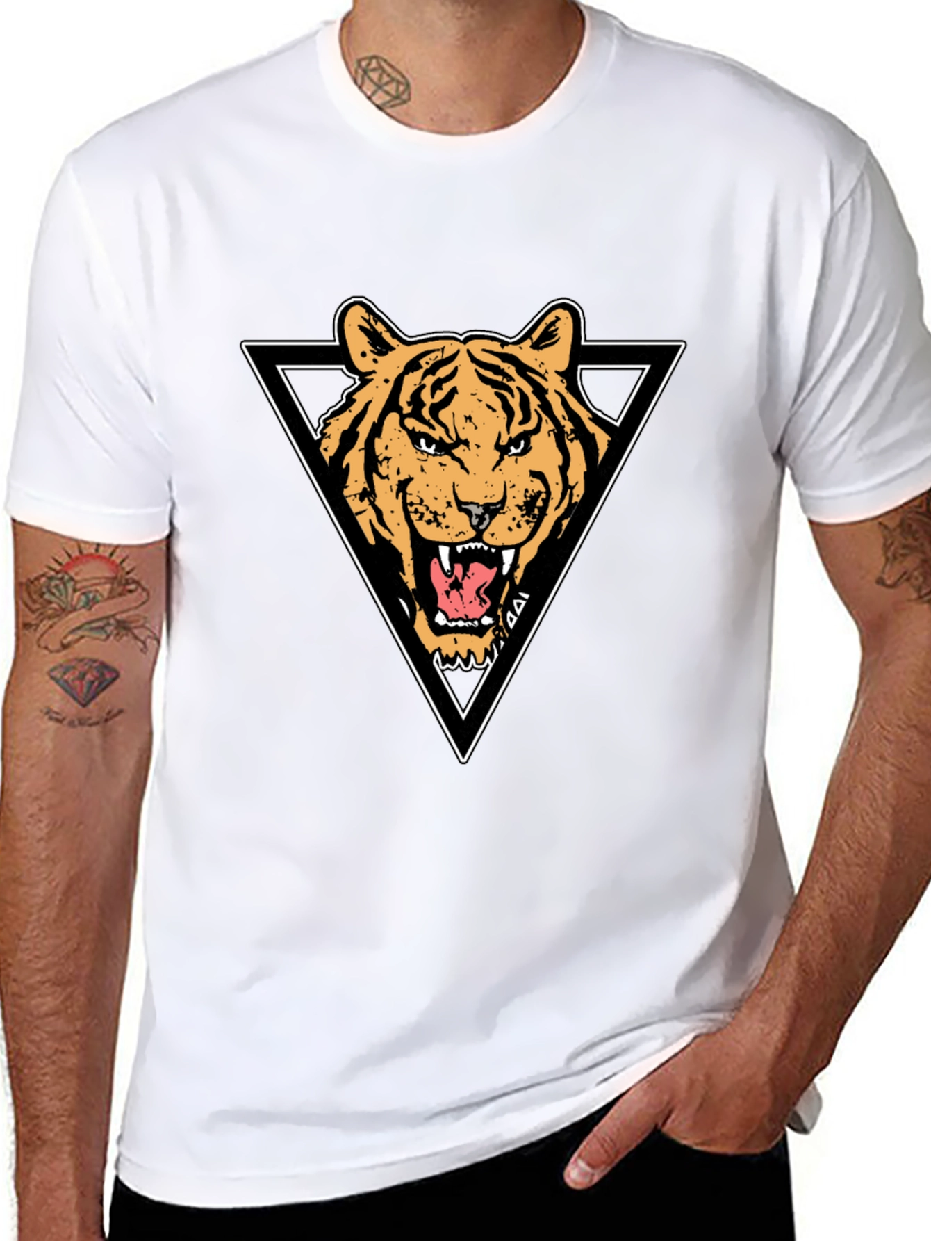 Tiger Triangle Graphic Print Black T-Shirt