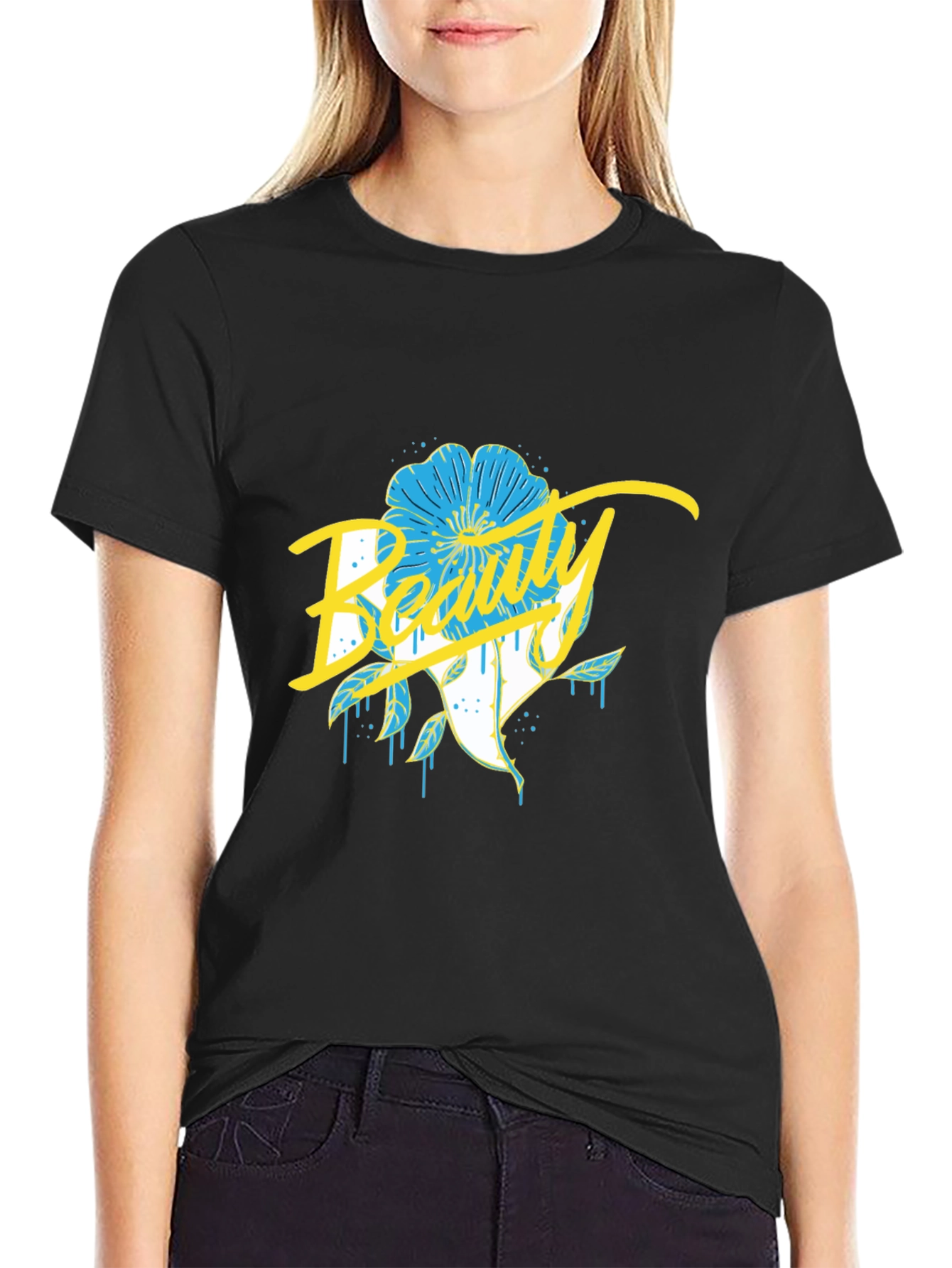Beauty Flower Graphic Black T-Shirt