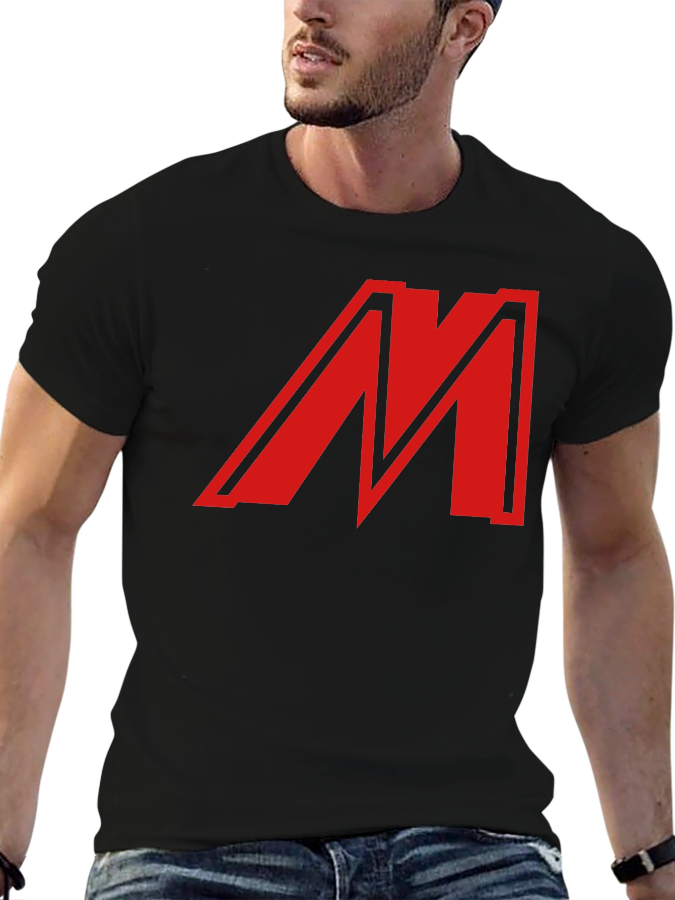 Bold Red M Graphic Black T-Shirt - Classic Style