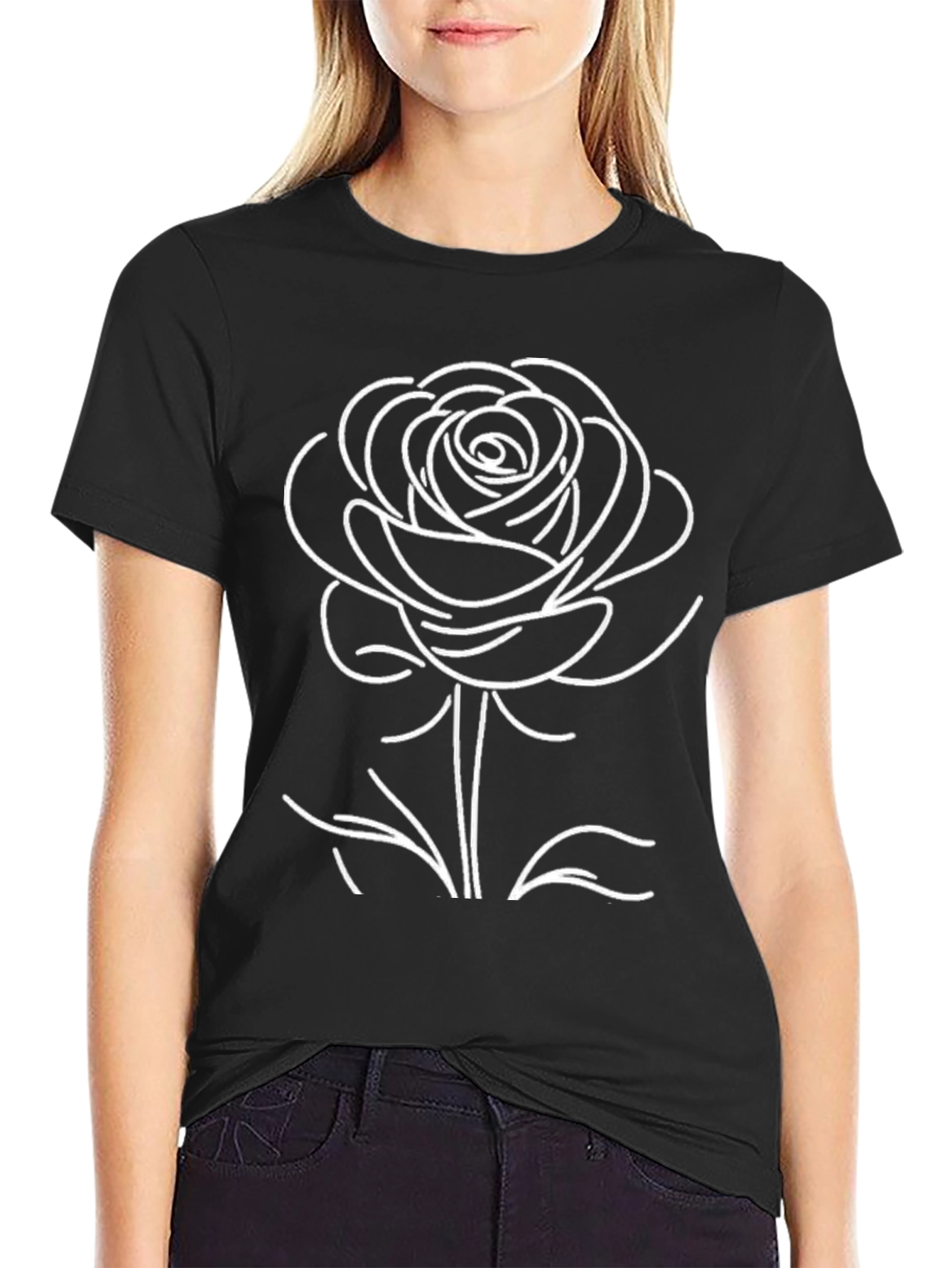 Black T-Shirt with White Rose Graphic