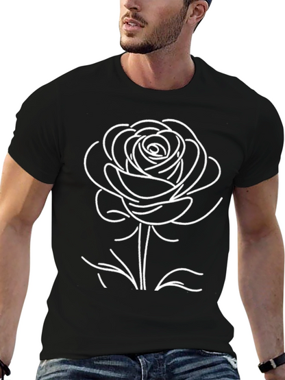 Black T-Shirt with White Rose Graphic