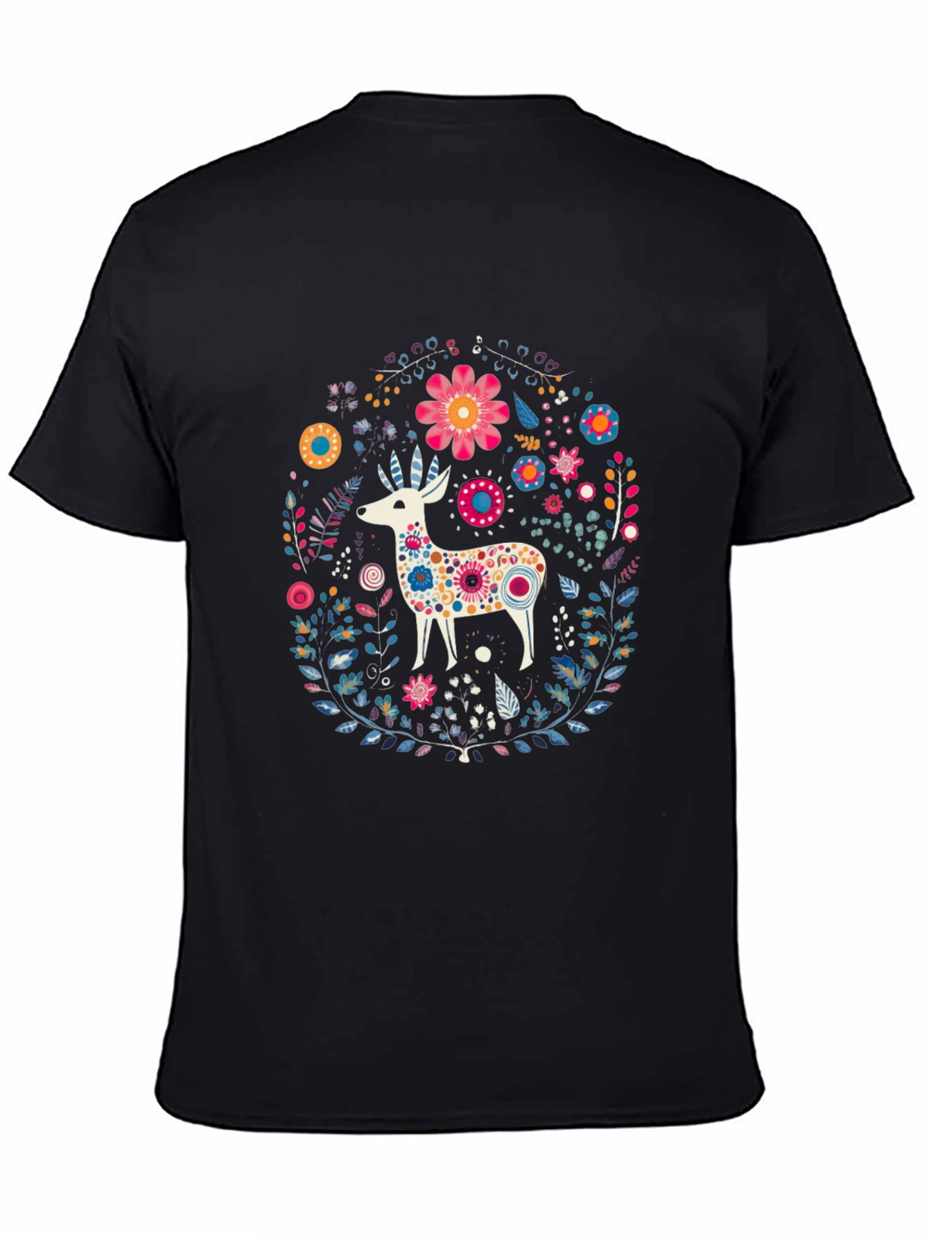Floral Deer Graphic Tee - Black Cotton T-Shirt