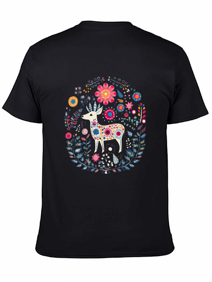 Floral Deer Graphic Tee - Black Cotton T-Shirt