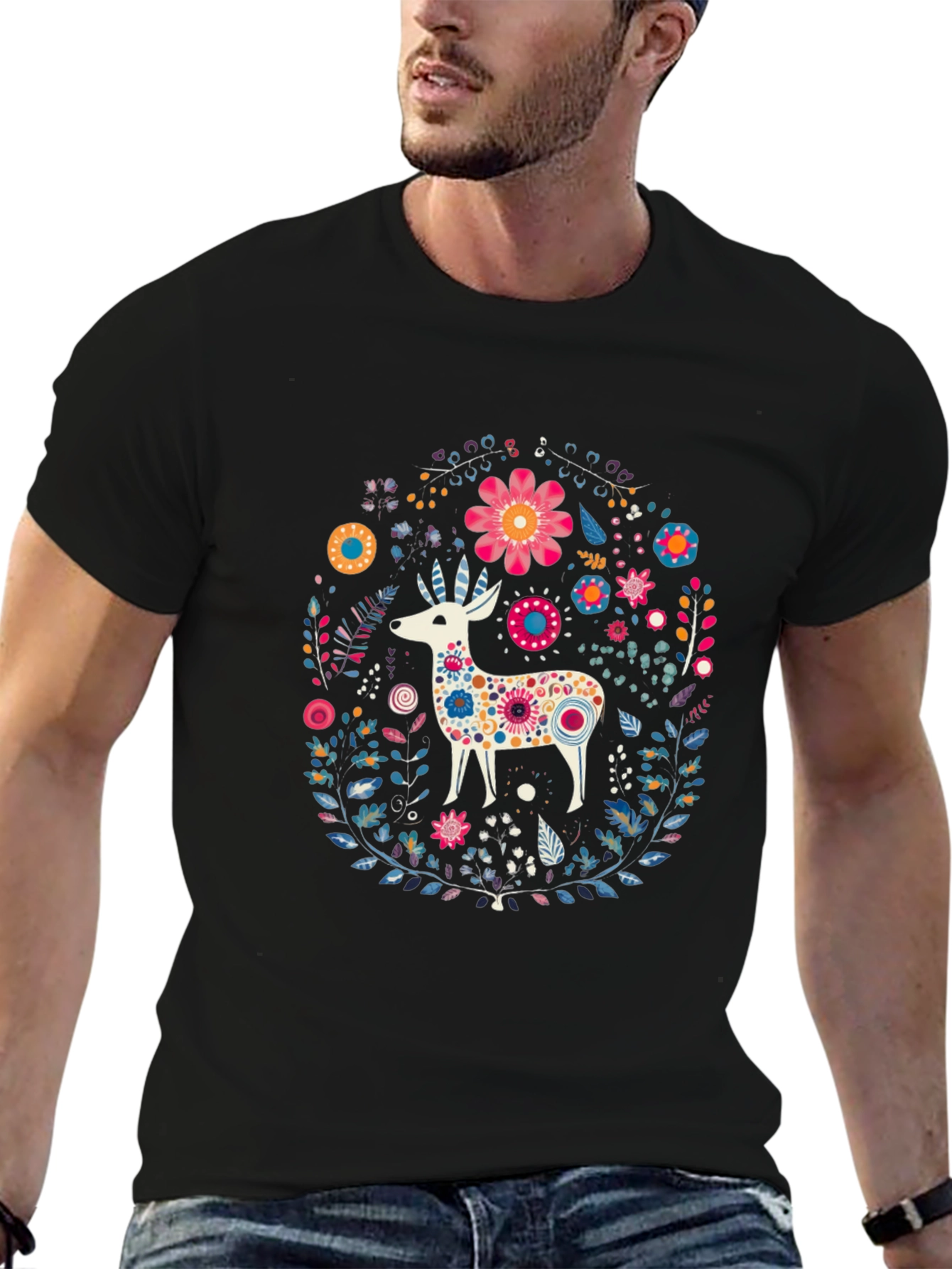 Floral Deer Graphic Tee - Black Cotton T-Shirt