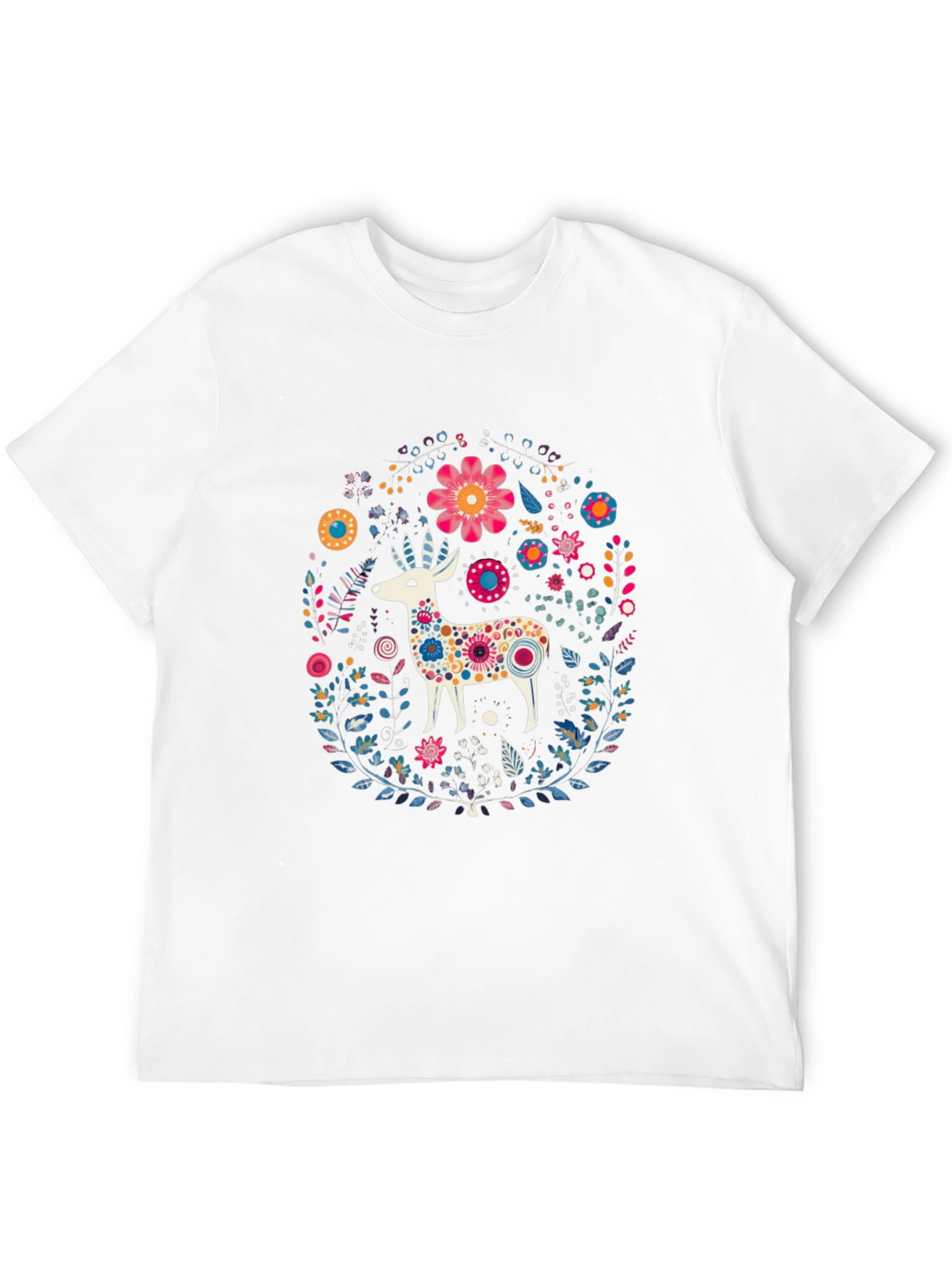 Floral Deer Graphic Tee - Black Cotton T-Shirt