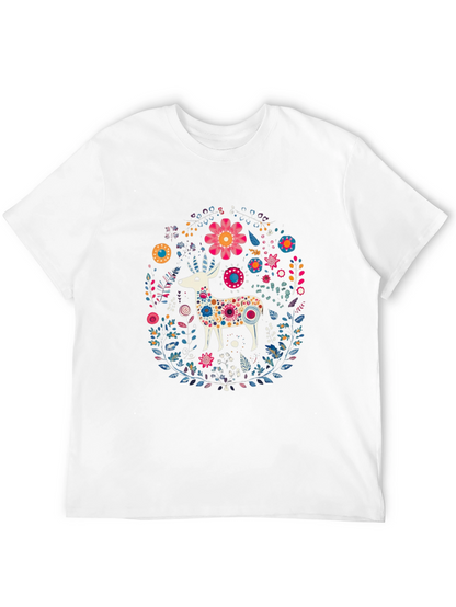 Floral Deer Graphic Tee - Black Cotton T-Shirt