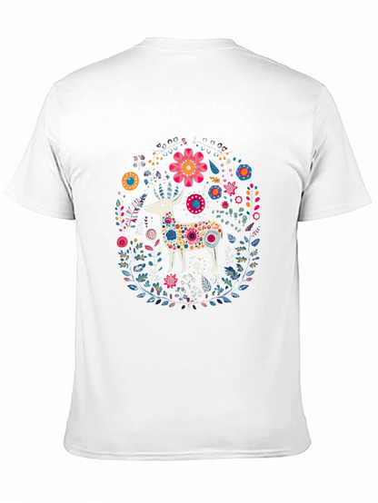 Floral Deer Graphic Tee - Black Cotton T-Shirt