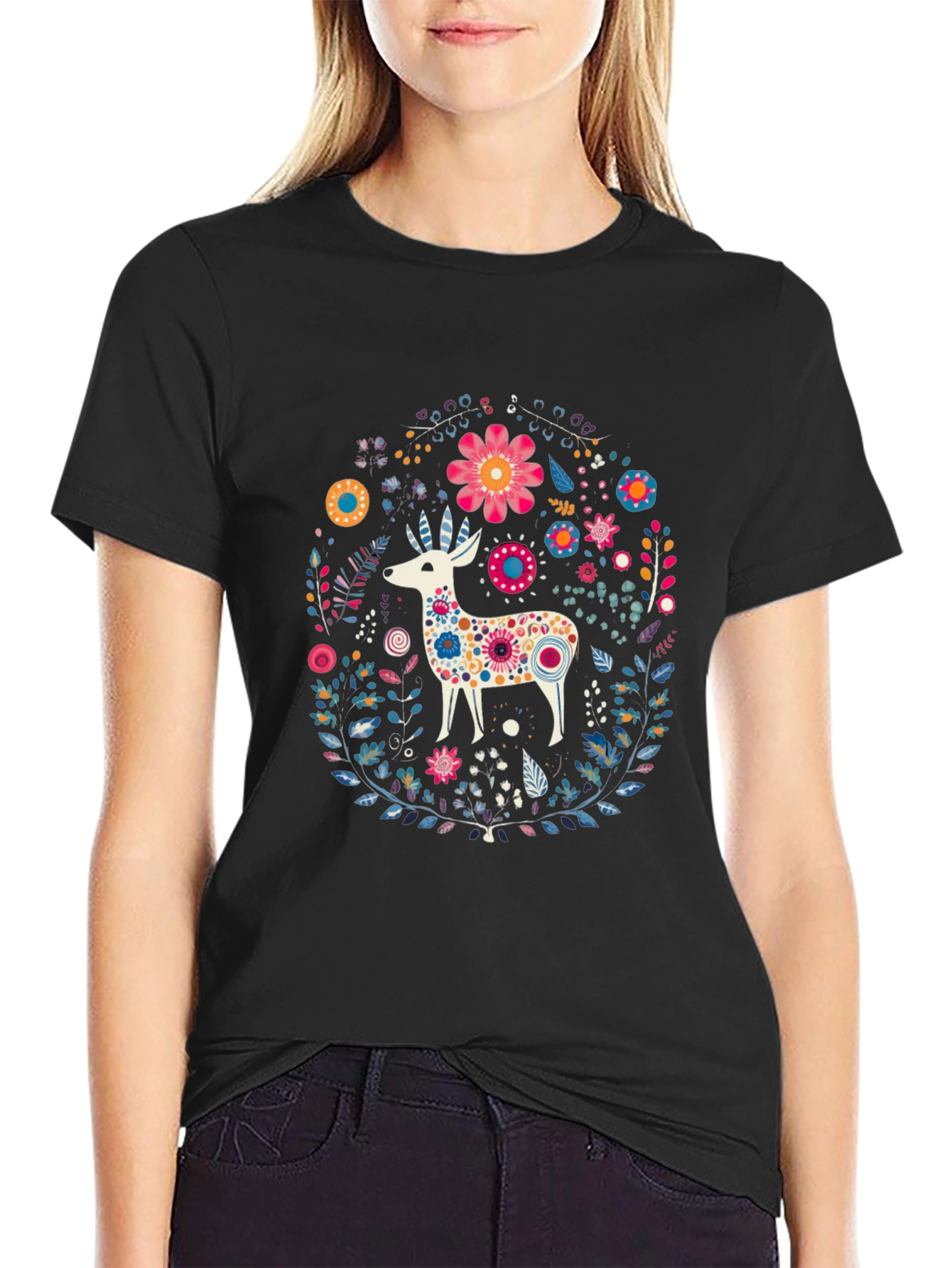 Floral Deer Graphic Tee - Black Cotton T-Shirt
