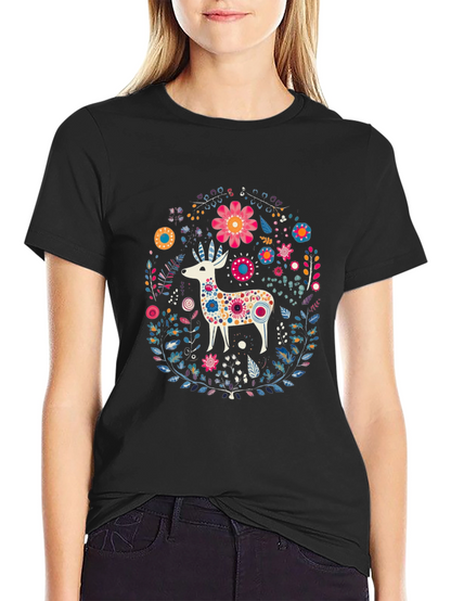 Floral Deer Graphic Tee - Black Cotton T-Shirt