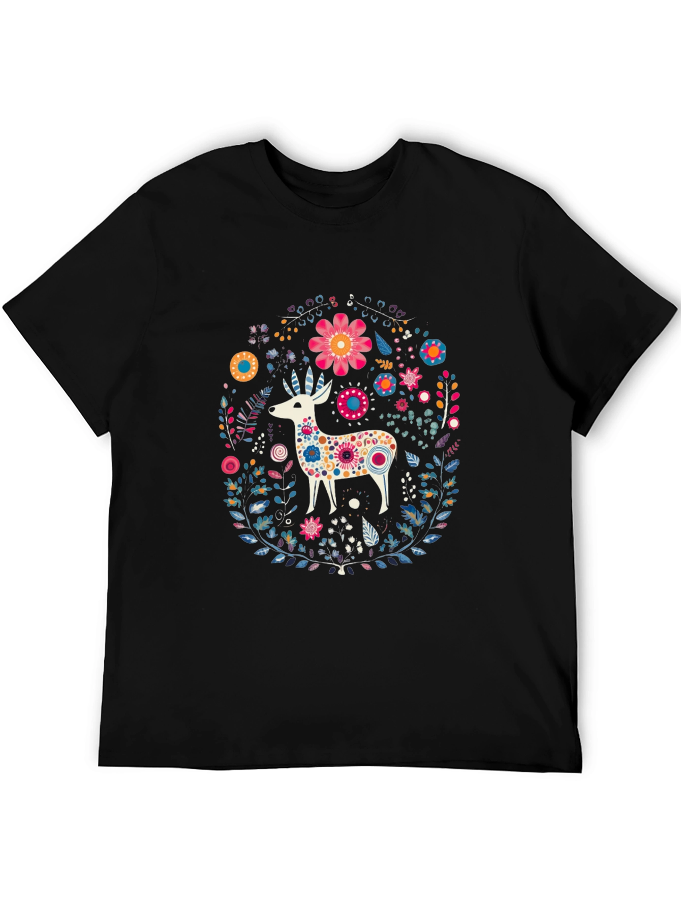 Floral Deer Graphic Tee - Black Cotton T-Shirt