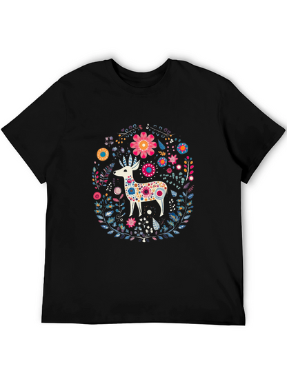 Floral Deer Graphic Tee - Black Cotton T-Shirt