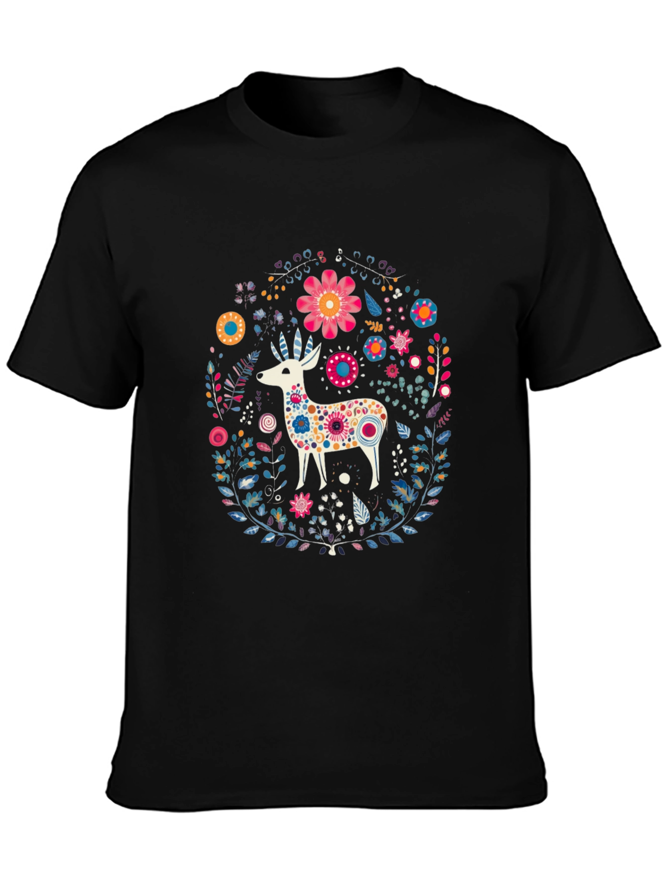Floral Deer Graphic Tee - Black Cotton T-Shirt