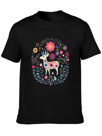 Floral Deer Graphic Tee - Black Cotton T-Shirt