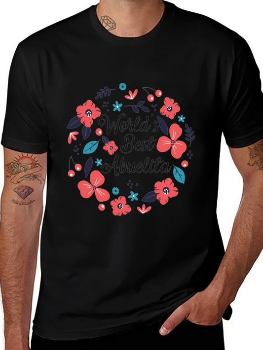 Worlds Best Abuelita Floral Wreath Black T-Shirt