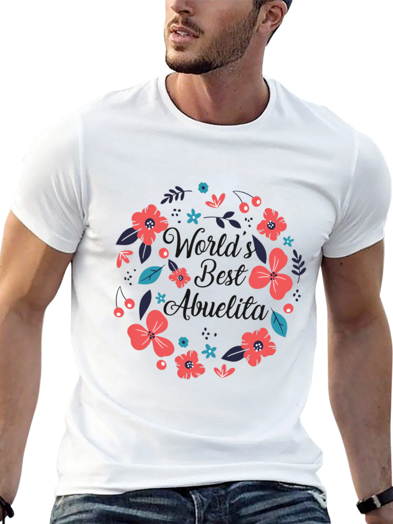 Worlds Best Abuelita Floral Wreath Black T-Shirt