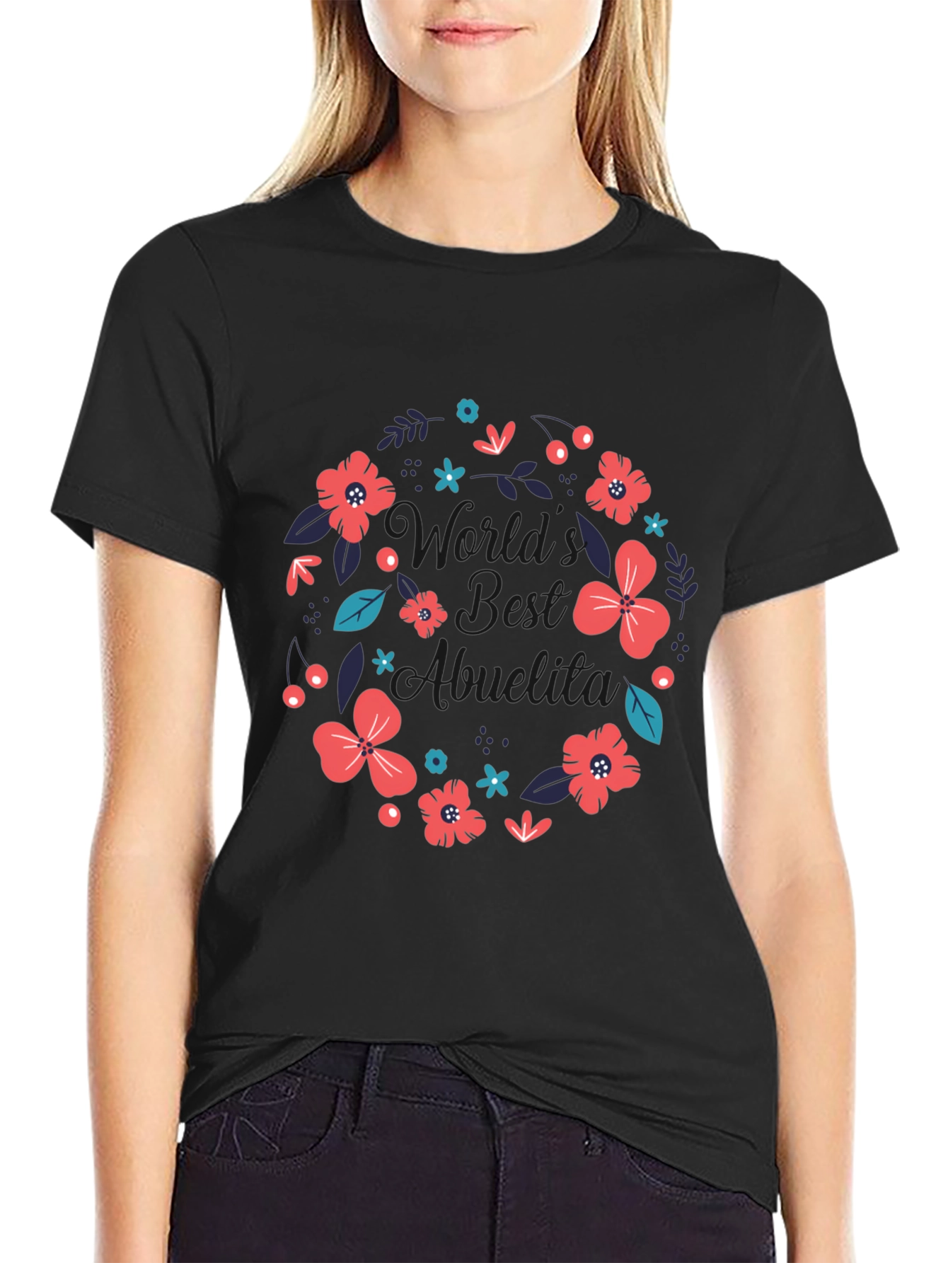 Worlds Best Abuelita Floral Wreath Black T-Shirt