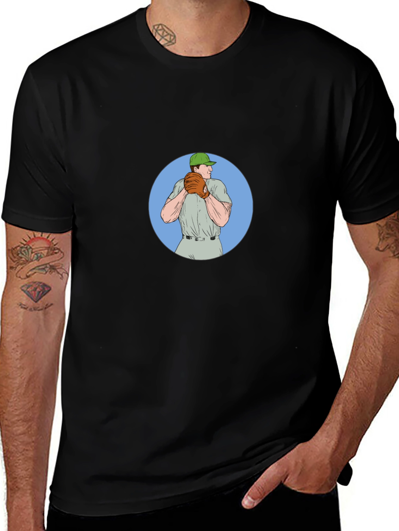 Baseball Pitcher Graphic Tee - Black Cotton T-Shirt