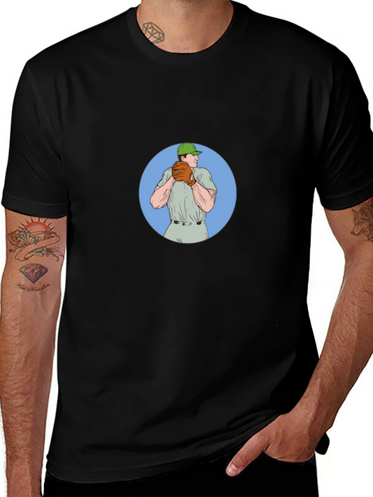Baseball Pitcher Graphic Tee - Black Cotton T-Shirt